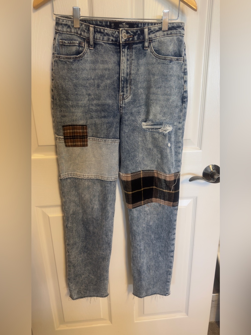 Hollister Ultra High Rise Mom Jeans Patchwork Plaid Distressed Acid Wash W27